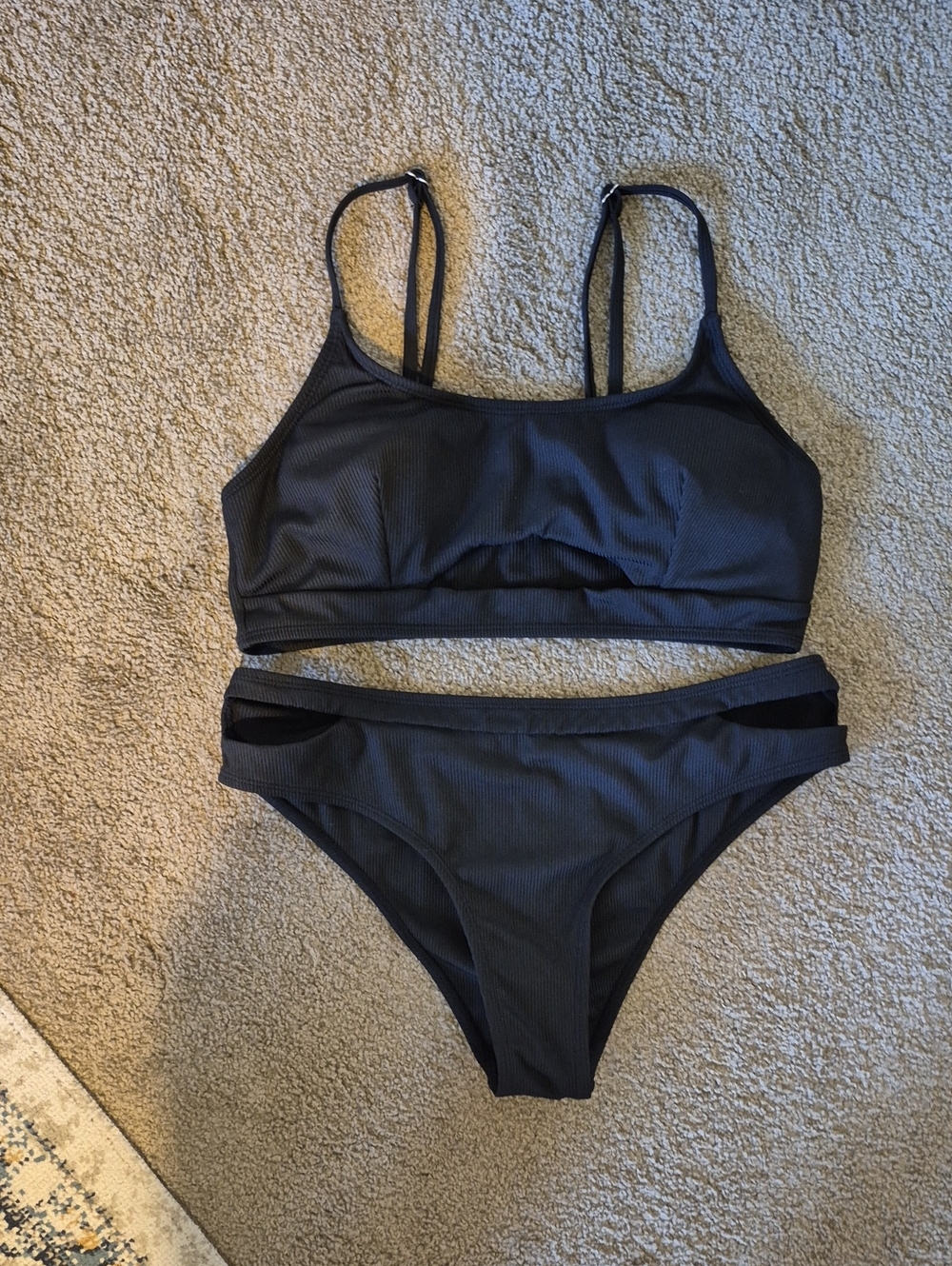 Ribbed Black Two-Piece Bikini Set with Cutout Detail